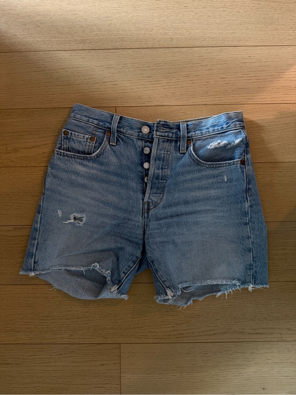 Levi's Light Blue Distressed High-Rise Jean Shorts